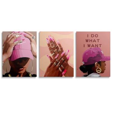 Imagem de Arte de parede em tela de menina negra sem moldura, tendência rosa, pôsteres de mulheres negras americanas, impressões de decoração de parede, fotos para decoração de casa, sala de estar, quarto,