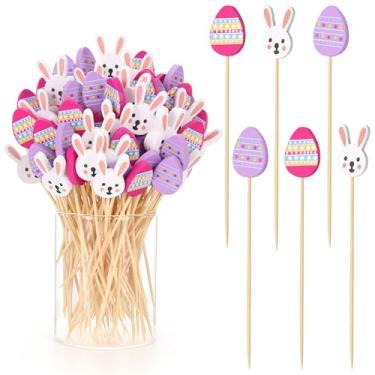 Imagem de 100 palitos de dente de Páscoa, palitos de coquetel de Páscoa de 12 cm para aperitivos, palitos de bambu longos, espetos decorativos para decorações de festas de aniversário (coelho e ovo de Páscoa)