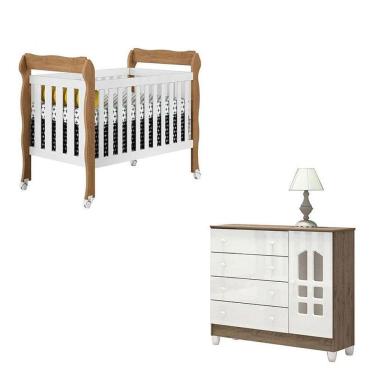 Imagem de Berço Americano Lila E Cômoda Infantil Selena Branco Acetinado Amadeirado - Carolina