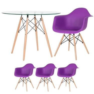 Imagem de Mesa Redonda Tampo De Vidro 100 Cm + 3 Cadeiras Roxo