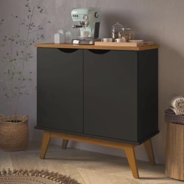 Imagem de Buffet Aparador Prism 2 Portas com Pés de Madeira Maciça - Preto Acetinado/Cumaru