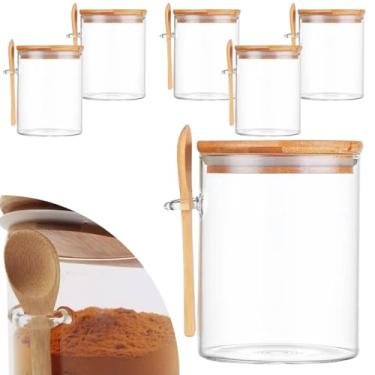 Imagem de Pote Porta Tempero Vidro Redondo Tampa Colher Bambu 400ml Açucareiro Condimentos Hermético Transparente Alimentos Organizador Mantimentos Porta-Mantimentos (3)