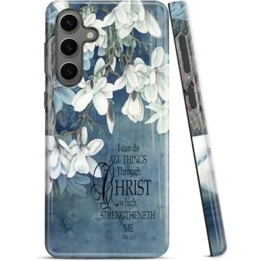 Imagem de ZISKGZO Capa Dual Guard para Samsung Galaxy A56 5G, capa rígida de camada dupla + capa de silicone 2 em 1 - capa protetora para celular à prova de choque, versículo bíblico Salmo 4:13, flores brancas