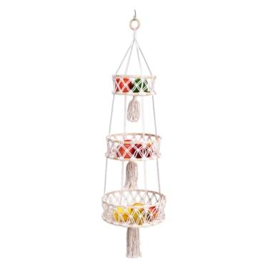Imagem de Cesta de frutas boho, cesta de vegetais boho,3 Tier Boho Kitchen Legal Solder | Economia de espaço Produzir armazenamento de alimentos, organizador de algodão para armazenamento de alimentos