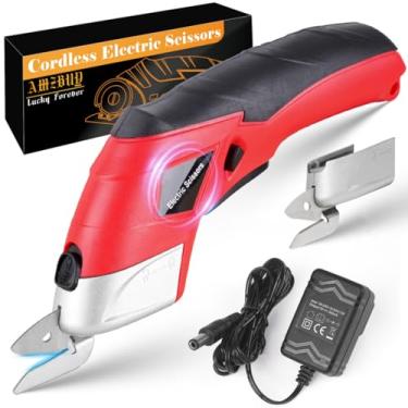 Imagem de AMZBUY Tesoura Elétrica Sem Fio Para Cortar Papelão - Cortador De Caixa Potente De 4 V Com 2 Lâminas Tesoura Rotativa Elétrica Recarregável Para Cortar Tecido, Carpete, Papelão, Couro, Ideal Para Am