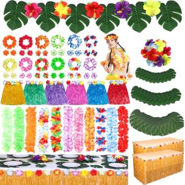 Imagem de Blosssound 114 peças de decorações de festa havaiana luau verão saias de mesa tropicais saias de grama leis flores colares tiaras pulseiras folhas de palmeira flores hibisco suprimentos de