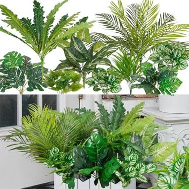Imagem de AUMVEYI 9 peças de plantas artificiais ao ar livre, vegetação de samambaia falsa resistente a UV, variadas, plantas grandes falsas, arbustos tropicais, arbustos, arbustos de plástico para casa
