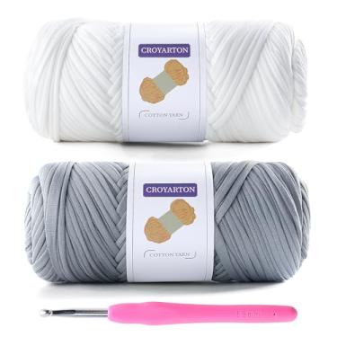 Imagem de Pacote com 2 fios de camiseta para crochê, camiseta elástica, fio de tricô grosso, comprimento total de 130 metros para cestas de saco de crochê, decoração de casa com 1 agulha de crochê (branco +