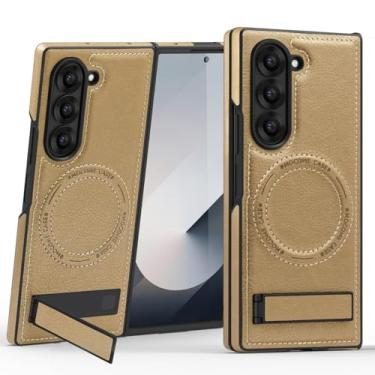 Imagem de MVVKKY Para Samsung Z Fold6 Capa de couro PU com ímãs e suporte magnético para câmera (para Samsung Z Fold6/ouro do deserto)