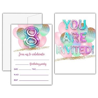 Imagem de Convites de aniversário do 8º balão arco-íris, cartões de convite de festa de aniversário com glitter dourado para crianças, lembrancinhas de festa de 8º aniversário e suprimentos de celebração (20