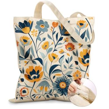 Imagem de Miss Adola Sacola de lona feminina – Bolsa de lona estética com zíper, fofa, elegante, reutilizável, bolsa de ombro para compras, trabalho, férias diárias, flor azul amarela