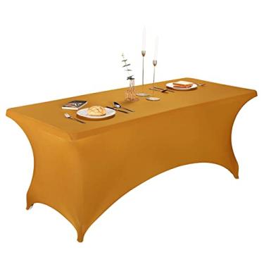Imagem de LZY Capas de mesa de elastano 1,8 m, capas de mesa elásticas/ajustadas para mesa dobrável de 1,8 m, toalhas de mesa retangulares de elastano para festa de casamento ou evento (2 pés-2 peças, dourada)