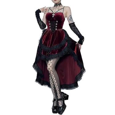 Imagem de Vestido feminino gótico preto Steam Punk sem mangas, vestido de veludo de renda patchwork frente única, Vinho tinto, M