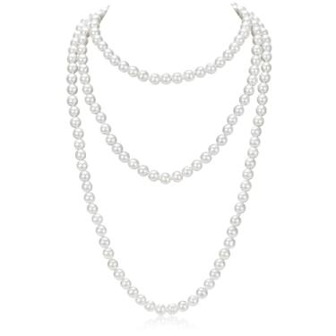 Imagem de GHGMAO Colar de pérolas longas de 150 cm, colares de pérolas longas falsas brancas para mulheres, colar de pérolas longas vintage elegante para festa de casamento, bijuteria Gatsby dos anos 20, 59