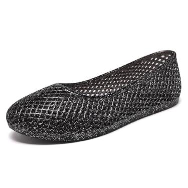 Imagem de Lurnyet Sapatilhas de balé femininas Jelly Mesh transparentes, vazadas, sem cadarço, casuais, bico redondo, Glitter preto, 40