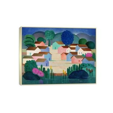Imagem de Tarsila do Amaral Famosas Impressões em Tela-Imagem arte parede lona-Moldura Prata Pintura decoração quarto Sala de estar(paisagem com dezesseis casas) 60x80cm