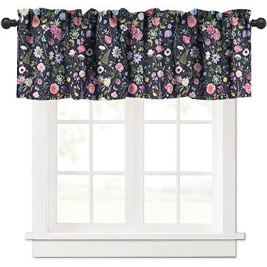 Imagem de Cortinas florais de cozinha, lindas estampas florais com aquarela desenhadas à mão delicadas flores de verão com bolso para varão, para quarto, sala de estar, cozinha, café, 1 painel L 137 x C 45 cm