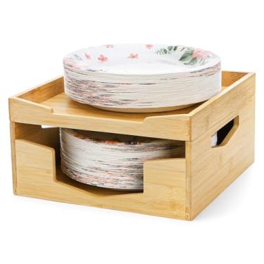 Imagem de Yarlung Suporte dispensador de placa de papel de bambu para pratos de 20 a 25 cm e forros de fritadeira a ar, organizador portátil empilhável de pratos descartáveis para armário de cozinha e
