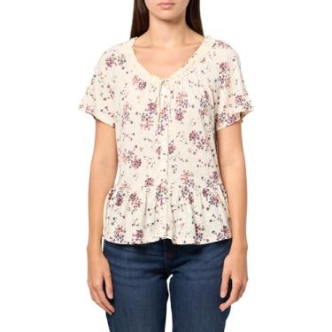 Imagem de Lucky Brand Camiseta feminina de manga curta com acabamento em renda peplum, Floral branco, XP