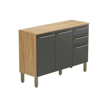 Imagem de Gabinete p/ Pia Cozinha Balcão c/ Tampo Carménère c/ 3 Portas e 2 Gavetas 120cm Amendoa/Grafite - Ronipa