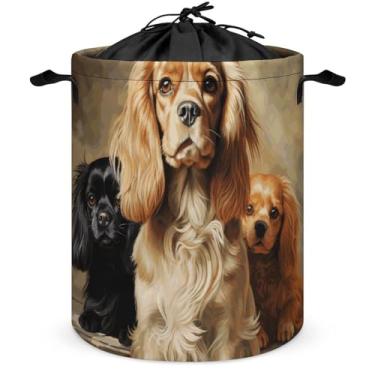 Imagem de Cesto de lavanderia independente grande Cocker Spaniel cesto de roupa suja com cordão fixo dobrável bolsa de armazenamento para quarto