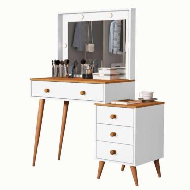Imagem de Penteadeira Camarim Com Mesa De Cabeceira Espelho Led 4 Gavetas Pés Em Madeira Branco / Nature