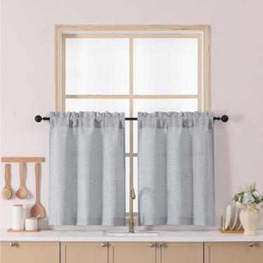 Imagem de Chyhomenyc Cortinas cinza de 76 cm de comprimento, cortinas de janela pequenas texturizadas de linho falso com filtro de luz sobre a pia, cortina curta com bolso de haste de meia janela para armário e