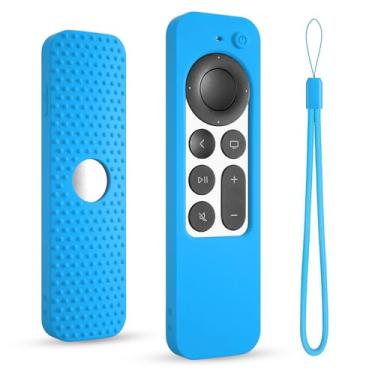 Imagem de Capa de silicone para Apple tv siri Remote 2021 2022 2023 capa protetora para controle remoto Apple 4k/hd tv anti manga com cordão (2ª/3ª geração) (azul claro)