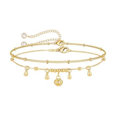 Imagem de Jugalstar Tornozeleiras de ouro para mulheres, tornozeleiras banhadas a ouro 14K para mulheres, à prova d'água, corrente de sino, conjunto de tornozeleira em camadas, conjunto de pulseiras de verão