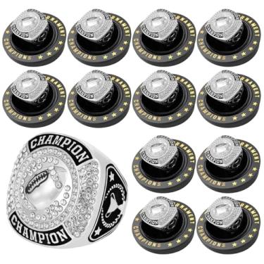 Imagem de daijbling 12 peças de anel de campeonato de futebol de troféu de bola esportiva presente com corrente de pescoço de exibição e suporte para vencedor de torneio ou campeão da liga (12 peças de anéis de