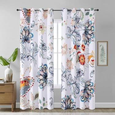 Imagem de Estelar Textiler Cortina blecaute floral boho, azul e branco, aquarela, pintura vintage, conjunto de cortinas de flores para decoração de sala de estar, cortinas de casa de fazenda com isolamento
