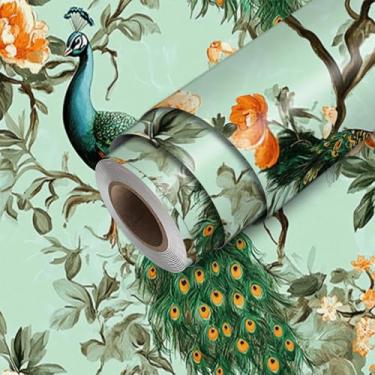 Imagem de HOMETITUTE Papel de parede floral pavão verde menta vintage descasque e cole papel de parede de contato 45 cm x 300 cm revestimento de parede de vinil removível autoadesivo para quarto cozinha