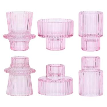 Imagem de AuroTrends Castiçais afunilados de vidro canelado para castiçais, pacote com 3, centros de mesa - decoração de festa de casamento e jantar (rosa, conjunto de 6)