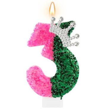 Imagem de AKURIEEY Wicked Birthday Candle Crown Number 3 Candle Pink and Green 3rd Birthday Cake Topper Decorações Wicked Themed Party Decor Anniversary Celebrations Supplies
