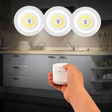 Imagem de Luminária LED a Pilha Sem Fio | Kit 3 Spots com Controle Remoto p/Armário, Closet, Cozinha | Luz Econômica Autoadesiva Ambiente Aconchegante
