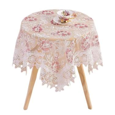 Imagem de Toalha de mesa quadrada pequena bordada de renda floral vintage estilo francês toalha de mesa com macramê chique capa de mesa para casamento, prata, casa, aniversário, cozinha, decoração branca e rosa