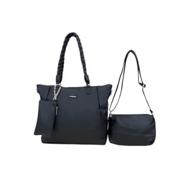 Imagem de Kit 3 Bolsas Femininas Pretas com Alça Trançada – Tote, Transversal e Necessaire para Estilo e Organização Diária