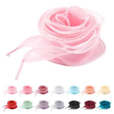 Imagem de UamGlsob Cadarços de seda de organza extravagantes de 4 cm para tênis femininos, lindos cadarços de fita de cetim transparente, cordões de fio de substituição, rosa, 39"/100cm