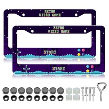 Imagem de Moldura de placa de licença de videogame retrô - 2 peças suporte de placa de carro engraçado de alumínio, à prova de ferrugem, à prova d'água para carro