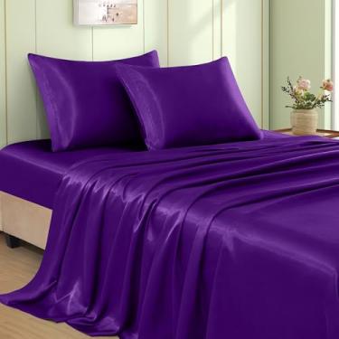 Imagem de VACVELT Jogo de cama Queen com 4 peças, cetim roxo, bolso profundo de 38 cm, cetim macio, refrescante e luxuoso, 1 lençol com elástico + 1 lençol de cima + 2 fronhas