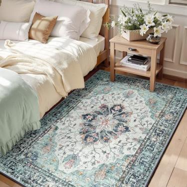 Imagem de RELEANY Tapetes de área 9,5 x 1,5 m lavável, antiderrapante, floral, vintage, estampa de angústia, tapete medalhão para sala de estar, quarto, sala de jantar, verde, azul marinho, branco, vermelho