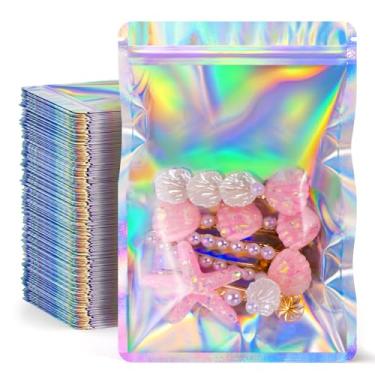 Imagem de FUNFERY Pacote com 300 sacos holográficos de janela transparente de canto redondo, sacos resseláveis, bolsa com zíper Mylar, bolsa de embalagem para doces, joias, suprimentos para pequenas empresas