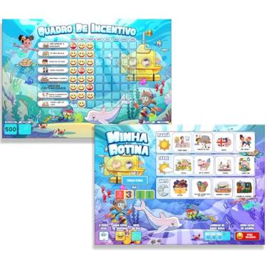 Imagem de Kit Quadro de Rotina Infantil + Quadro de Incentivo ao Bom Comportamento Recompensa 30x40 + Caneta + 200 tags para Parede (Sereias)
