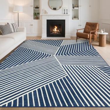 Imagem de GlowSol Tapete moderno para sala de estar, tapetes laváveis grandes 20 x 25 cm com suporte de borracha antiderrapante, tapete impresso com listras geométricas abstratas, tapete neutro macio que não