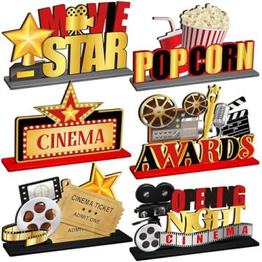 Imagem de Wonderjune 6 Pcs Movie Wooden Centerpiece Movie Night Party Decoration Microphone Ticket Star Video Paper Centerpiece Sign Movie Night Supplies for Birthday Party 3D Table Decoration