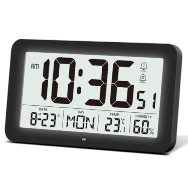 Imagem de JoFomp Relógio de parede digital operado por bateria com luz de fundo, relógio digital LCD com visor grande, relógios de parede modernos para decoração de sala de estar, despertadores para quarto com