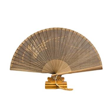 Imagem de ZZTWER Ventiladores de mão dobráveis estilo chinês todo escultura de bambu ventilador antigo, sandália clássica de madeira antiga ventilador de madeira, ventilador de mão para decoração de festa de