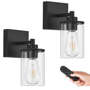 Imagem de SANTOSTOCK Arandelas de parede pretas sem fio com controle remoto, conjunto de 2 arandelas operadas por bateria com vidro transparente, luzes de parede alimentadas por bateria recarregável para quarto