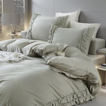 Imagem de Merryword Conjunto de edredom queen 100% algodão com babados, cinza claro, chique, casa de fazenda, campo francês, fofo