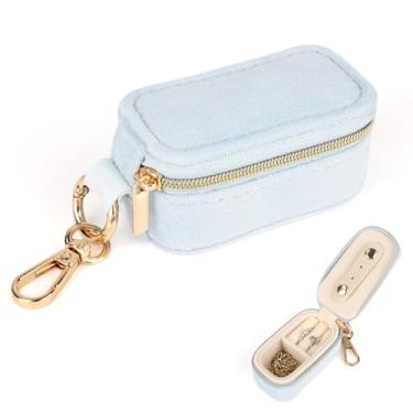 Imagem de Mini Estojo de Viagem de Veludo para Joias, Organizador Chaveiros 2 em 1 Anéis Feminino Caixa Pequena com Divisórias para Brincos Colares Pingentes (Azul)